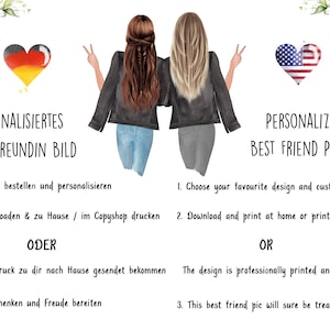 Puede incluir: Una ilustraci&oacute;n digital de dos amigas de espaldas a la c&aacute;mara, con jeans y chaquetas, haciendo el signo de la paz. La imagen est&aacute; rodeada de bordes florales e incluye el texto "Personalized Best Friend Picture" y "Personalized Beste Freundin Bild".