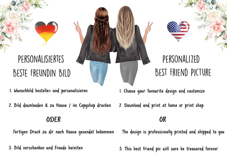 Puede incluir: Una ilustraci&oacute;n digital de dos amigas de espaldas a la c&aacute;mara, con jeans y chaquetas, haciendo el signo de la paz. La imagen est&aacute; rodeada de bordes florales e incluye el texto "Personalized Best Friend Picture" y "Personalized Beste Freundin Bild".