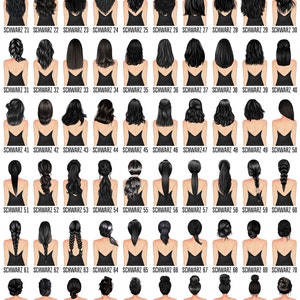 Puede incluir: Una cuadr&iacute;cula de 100 ilustraciones que muestran varios peinados negros. Cada ilustraci&oacute;n presenta la espalda de una mujer con un peinado diferente, numerados del 1 al 100. La palabra "SCHWARZ" est&aacute; en la parte superior.