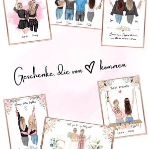 Puede incluir: Conjunto de seis impresiones ilustradas con dos mujeres en varias poses con fondos florales. Las impresiones incluyen el texto "Always better together", "Cheers to thirty years", "Because of you, I laugh a little harder, cry a little less and smile a lot more", "Best Friends", "Will you be my bridesmaid?" y "Geschenke, die von kommen".