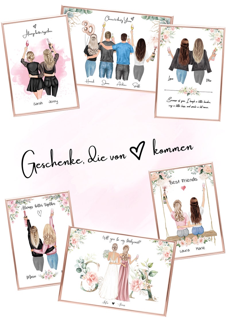 Puede incluir: Conjunto de seis impresiones ilustradas con dos mujeres en varias poses con fondos florales. Las impresiones incluyen el texto "Always better together", "Cheers to thirty years", "Because of you, I laugh a little harder, cry a little less and smile a lot more", "Best Friends", "Will you be my bridesmaid?" y "Geschenke, die von kommen".