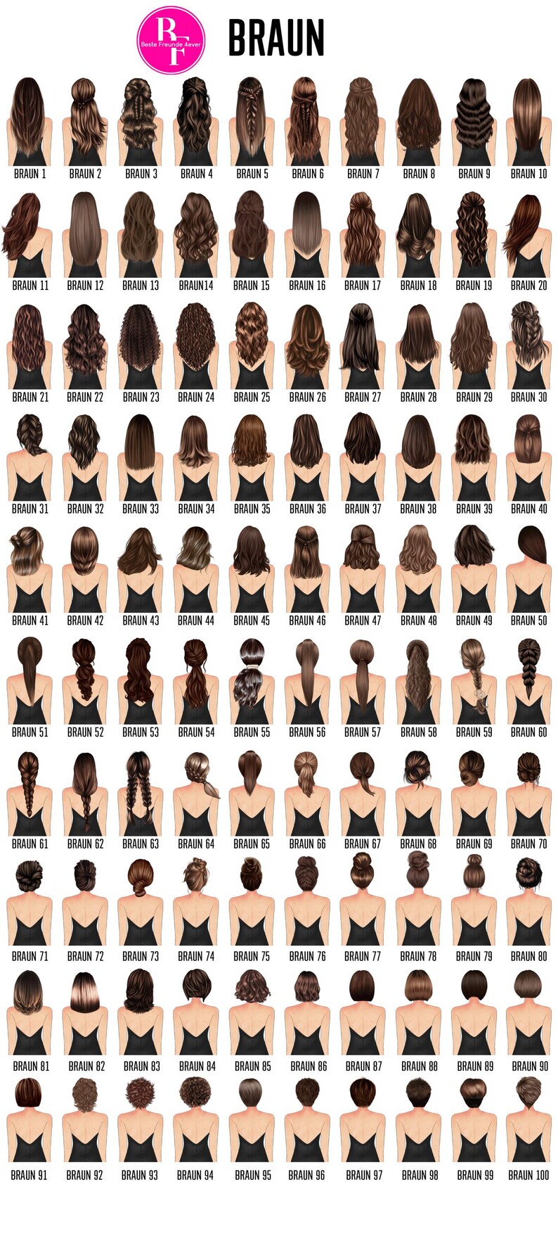 May include: A chart of 100 different hairstyles for women, all with brown hair. The hairstyles are numbered from 1 to 100. The chart is titled "BRAUN".