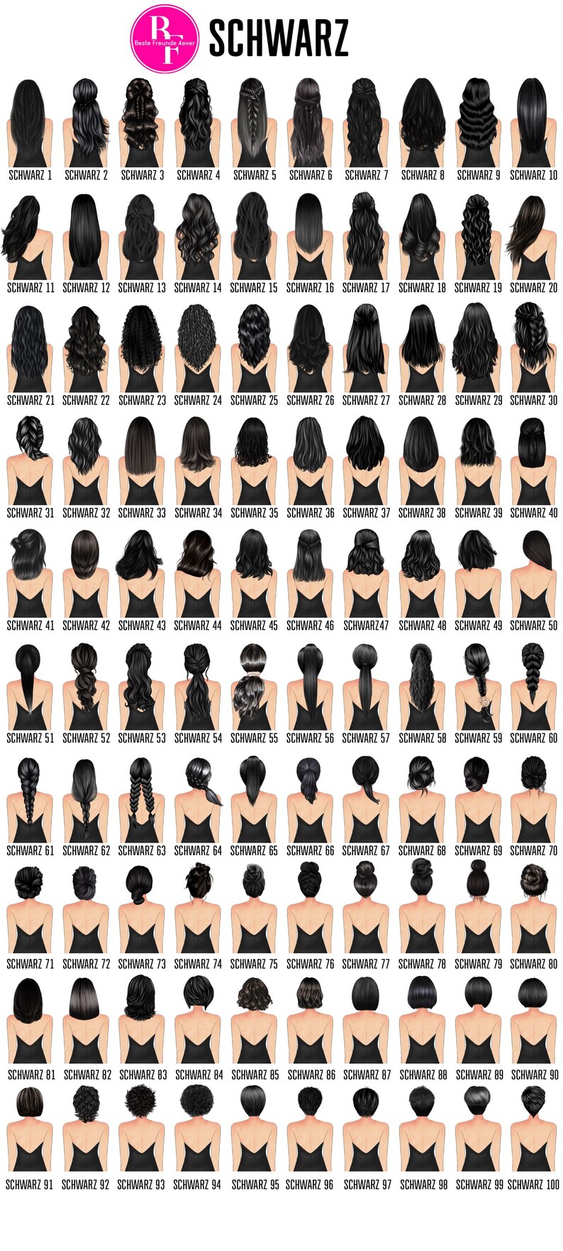 May include: A chart of 100 different hairstyles for women with black hair. Each hairstyle is numbered and labeled "SCHWARZ" followed by a number.