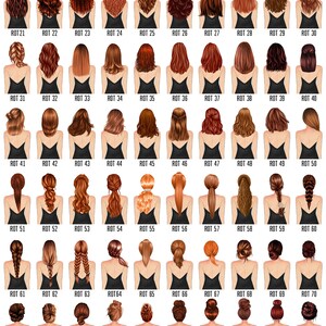 Puede incluir: Una cuadr&iacute;cula de 100 ilustraciones que muestran varios peinados rojos. Cada ilustraci&oacute;n presenta la espalda de una mujer con un peinado diferente, numerado del 1 al 100. Los peinados var&iacute;an de largos y sueltos a cortos y estilizados.