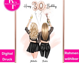 May include: Two women in black dresses and jeans are holding champagne glasses and a bottle of champagne. They are standing in front of a pink background with the words "Happy 30th Birthday" and two gold balloons that say "30".
