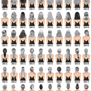 Puede incluir: Una cuadr&iacute;cula de 100 ilustraciones que muestran varios peinados, cada uno etiquetado con la palabra "GRAU" y un n&uacute;mero. Los peinados var&iacute;an desde largos y fluidos hasta cortos y estilizados, con variaciones en color y textura.