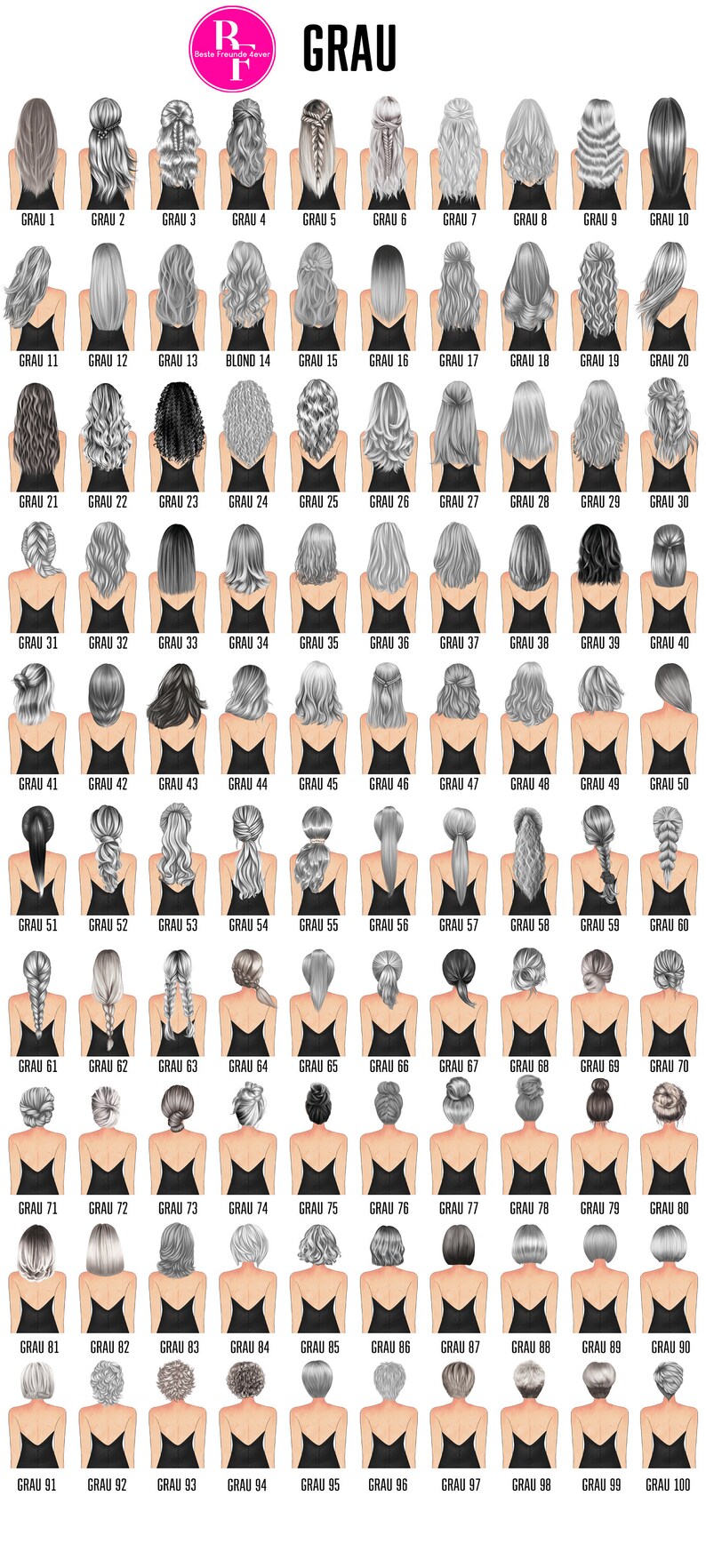 Puede incluir: Una cuadr&iacute;cula de 100 ilustraciones que muestran varios peinados, cada uno etiquetado con la palabra "GRAU" y un n&uacute;mero. Los peinados var&iacute;an desde largos y fluidos hasta cortos y estilizados, con variaciones en color y textura.