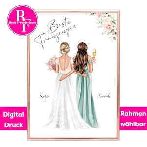 Puede incluir: Impresi&oacute;n digital enmarcada que muestra a dos mujeres con vestidos, una con un ramo y la otra con una copa de champ&aacute;n. La obra incluye el texto "Beste Trauzeugin", "Sofie" y "Hannah". El marco es de color oro rosa.