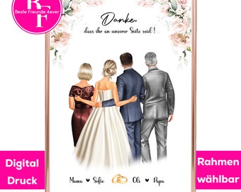 May include: A digital print with a watercolor floral border and a white background. The print features a bride and groom standing with their parents. The text "Danke, dass ihr an unserer Seite seid!" is written in black at the top of the print. The text "Mama Sofie Oli Papa" is written in black at the bottom of the print.