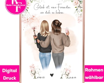 May include: A digital print featuring two women with long hair, holding champagne glasses and a bottle of champagne. The text "Glück ist eine Freundin wie dich zu haben" is written in German. The names "ranzi" and "anna" are written below the women. The print is framed with a gold frame.