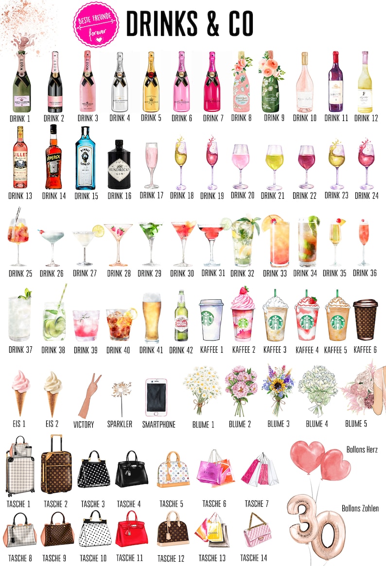 Puede incluir: Ilustraci&oacute;n colorida de bebidas, c&oacute;cteles, caf&eacute;, helados, bolsos y flores. La imagen incluye botellas de champ&aacute;n, c&oacute;cteles, tazas de caf&eacute;, conos de helado, bolsos y ramos, con el texto "DRINKS & CO".