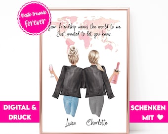 May include: A printable digital art print featuring two women with their backs to the viewer, wearing black leather jackets and jeans. The women are standing in front of a pink and gold world map with the text "Your friendship means the world to me. Just wanted to let you know." The print also includes the text "Best Friends Forever" and the names "Luisa" and "Charlotte".