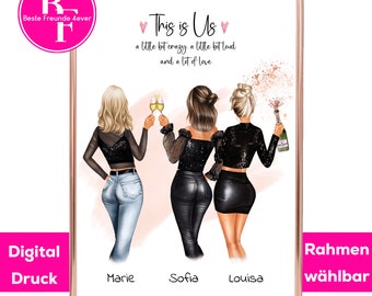 May include: A printable digital art print featuring three women in black outfits with champagne glasses and a bottle of champagne. The text "This is Us" is written in pink with hearts. The names Marie, Sofia, and Louisa are written below the women.