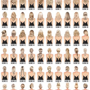 May include: A chart of 100 different blonde hairstyles, each with a number and the word "BLOND" written above the chart.
