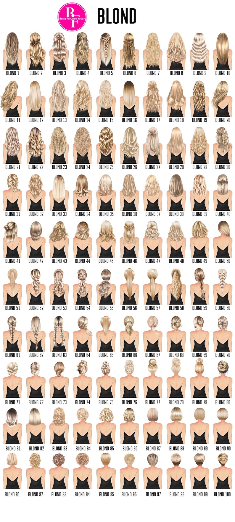 May include: A chart of 100 different blonde hairstyles, each with a number and the word "BLOND" written above the chart.