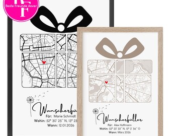 May include: Two framed prints with a gift box design featuring city maps and a red heart. One frame is black, the other is light wood. Text includes names, locations, and dates. The top left corner has a pink circle with text.