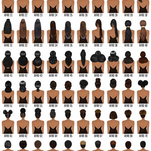 Puede incluir: Ilustraci&oacute;n con 80 peinados diferentes, etiquetados Afro 1 a Afro 80, con el texto "African American" en la parte superior. Cada imagen muestra la espalda de una persona con un peinado diferente, desde liso hasta rizado.