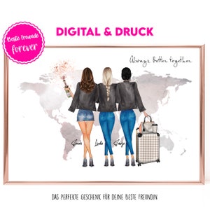 Puede incluir: Tres mujeres con chaquetas de cuero negras y pantalones vaqueros se paran frente a un mapa del mundo con el texto "Always better together". Las mujeres sostienen champán y equipaje. El texto "Beste Freunde forever" está en un círculo rosa en la parte superior izquierda de la imagen.