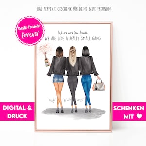 Puede incluir: Una impresión digital con tres mujeres con chaquetas de cuero negras y jeans, caminando juntas. El texto dice "Somos más que amigas. Somos como una pandilla pequeña." La impresión es perfecta para un regalo de mejor amiga.