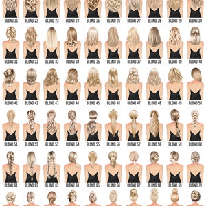 Puede incluir: Una cuadr&iacute;cula de 100 ilustraciones que muestran varios peinados rubios. Cada ilustraci&oacute;n presenta a una mujer de espaldas, con diferentes estilos que incluyen trenzas, mo&ntilde;os y ondas sueltas. La palabra "BLOND" est&aacute; en la parte superior.
