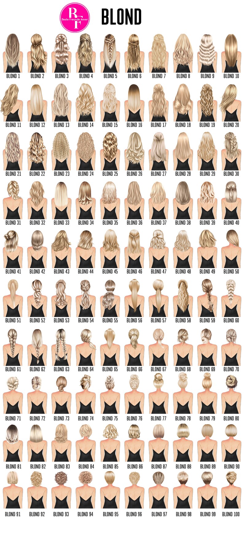 Puede incluir: Una cuadr&iacute;cula de 100 ilustraciones que muestran varios peinados rubios. Cada ilustraci&oacute;n presenta a una mujer de espaldas, con diferentes estilos que incluyen trenzas, mo&ntilde;os y ondas sueltas. La palabra "BLOND" est&aacute; en la parte superior.