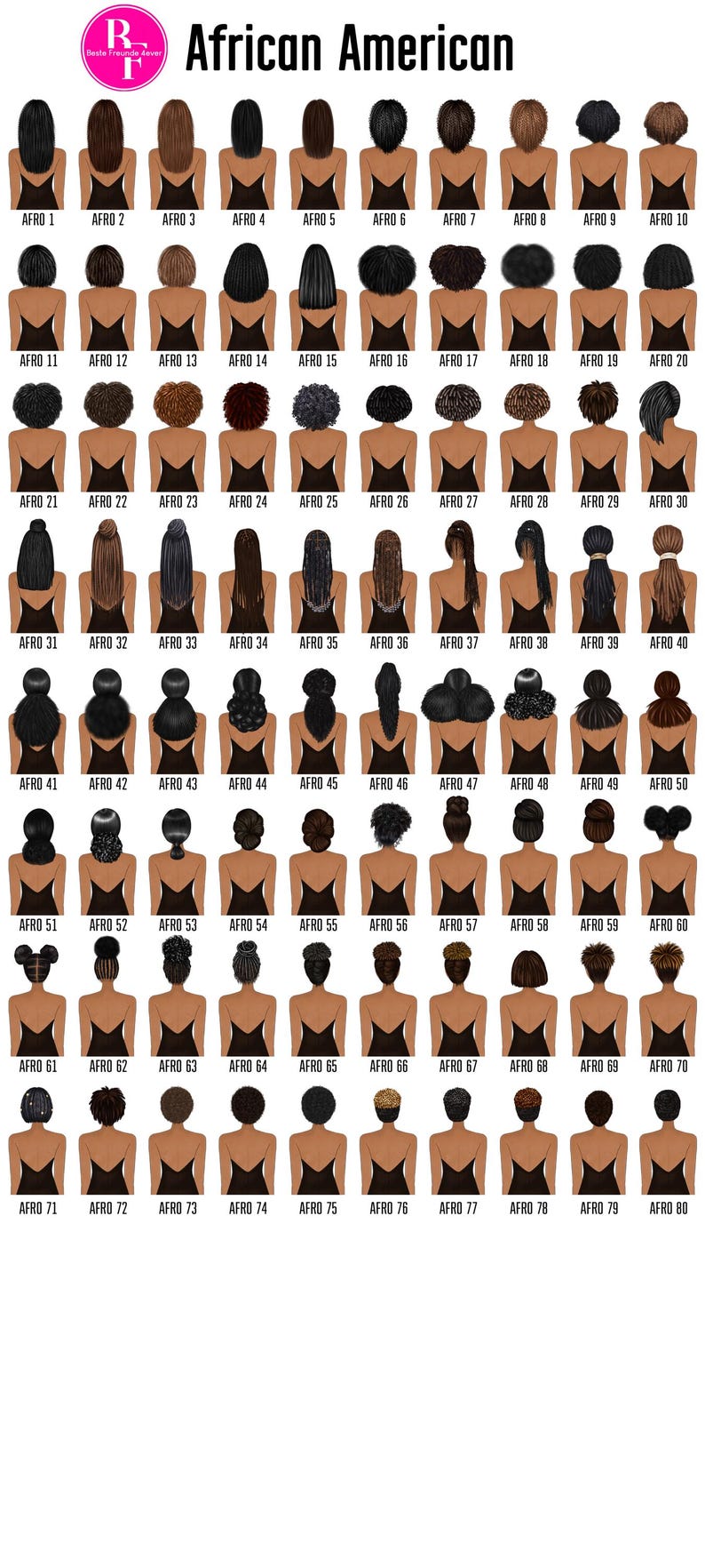 May include: A chart of 80 different hairstyles for Black women, labeled "Afro 1" through "Afro 80".
