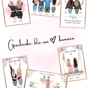 Puede incluir: Conjunto de seis impresiones ilustradas con dos mujeres en varias poses con fondos florales. Las impresiones incluyen el texto "Always better together", "Cheers to thirty years", "Because of you, I laugh a little harder", "Best Friends", "Will you be my bridesmaid?" y "Geschenke, die von kommen".