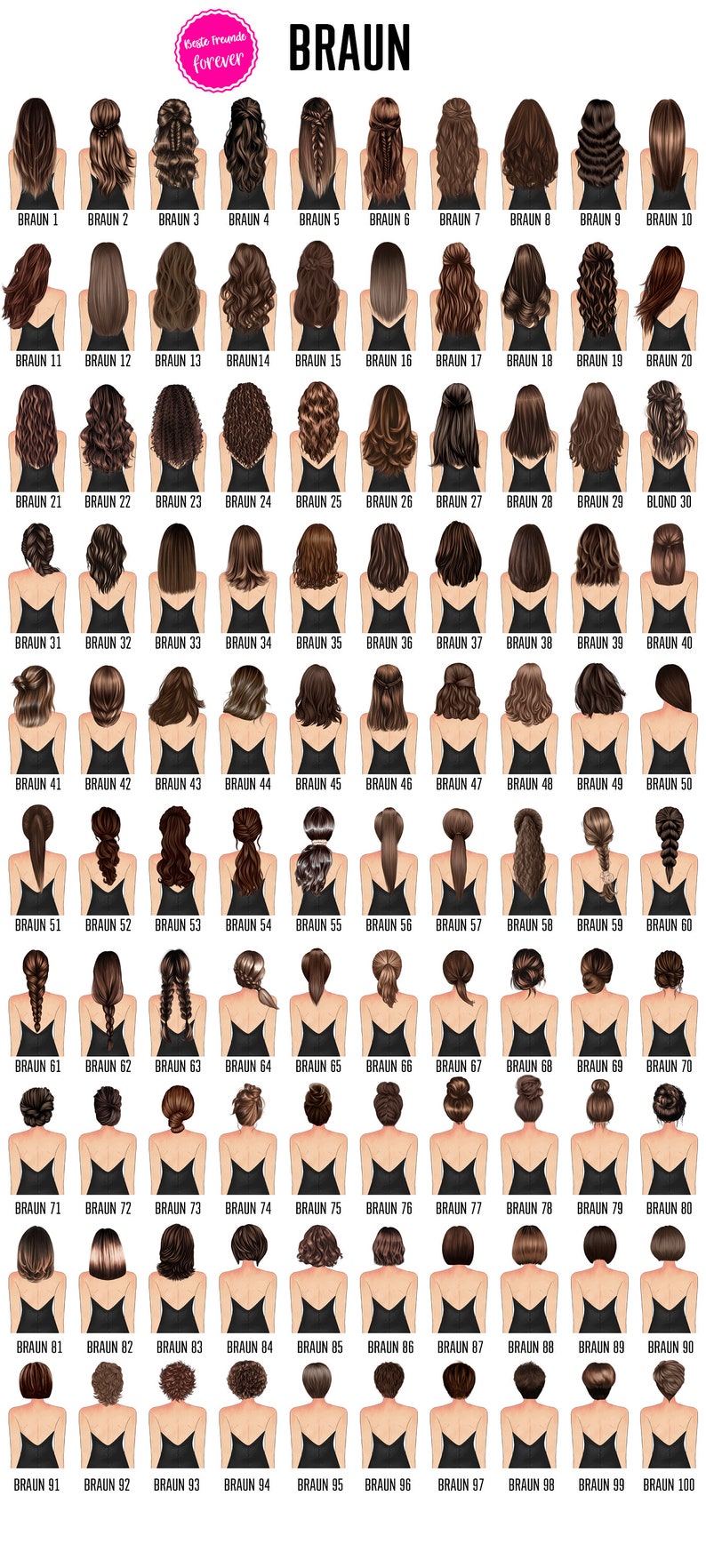 Puede incluir: Un gr&aacute;fico de 100 peinados diferentes para mujeres, etiquetado con la palabra "BRAUN" en la parte superior. Cada peinado est&aacute; numerado del 1 al 100.
