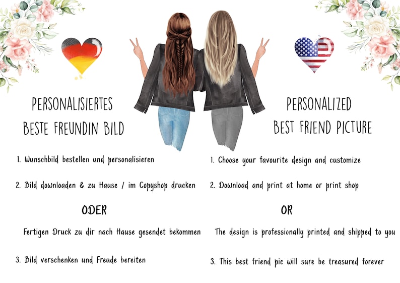 Puede incluir: Una ilustraci&oacute;n digital de dos amigas de espaldas a la c&aacute;mara, con jeans y chaquetas, haciendo el signo de la paz. La imagen est&aacute; rodeada de bordes florales e incluye el texto "Personalized Best Friend Picture" y "Personalized Beste Freundin Bild".