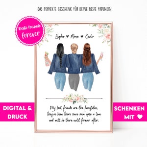 Puede incluir: Una impresión de arte imprimible con un diseño floral y una cita sobre los mejores amigos que son como cuentos de hadas. La impresión presenta tres figuras femeninas que llevan chaquetas vaqueras y pantalones vaqueros. El texto de la impresión dice "Mis mejores amigos son como cuentos de hadas, han estado ahí desde hace mucho tiempo y estarán ahí para siempre."