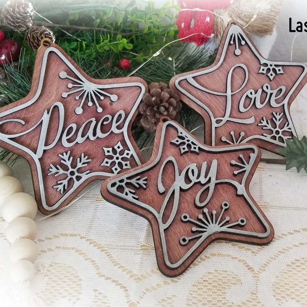 Peace, Love and Joy Star ornaments with snowflakes. Laser Cut ready, Laser files in SVG and PDF. Paper cut layered -Digital file download