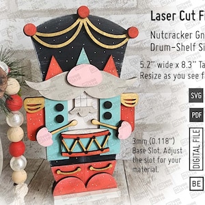 Gnomo Quebra-Nozes Digital com Tambor, Prateleira e Mesa para Bebê, arquivos cortados a laser em SVG e PDF. Quebra-Nozes de Natal, Bebê, corte a laser