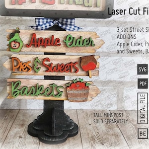Voeg appelcider toe, taarten en zoetigheden, manden 3 straatminiborden in SVG en pdf voor onze TALL Mini-post, verwisselbaar herfstbord: 5,5 x 1,2 inch