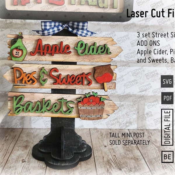 Add on Apple Cider, Pies and Sweets, Baskets 3 Street Mini Signs in SVG and PDF for our TALL Mini post, Interchangeable fall 5.5" x 1.2"