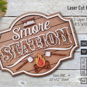 Smore Station Sign laser cut files in SVG and PDF, Smore station Sign Laser cut pattern, Glowforge Smore bar, Smore party decor