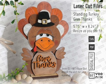 Standing Turkey Give Thanks Shelf Table Sitter Laser Cut files in SVG and PDF. Pilgrim hat Turkey svg, Thanksgiving Turkey Laser Vector svg