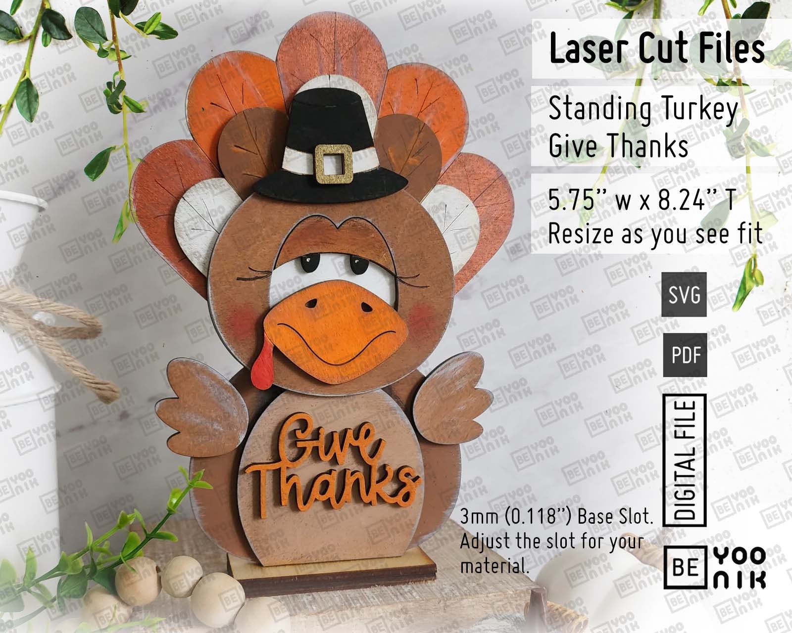Standing Turkey Give Thanks Shelf Table Sitter Laser Cut files in SVG and PDF. Pilgrim hat Turkey svg, Thanksgiving Turkey Laser Vector svg