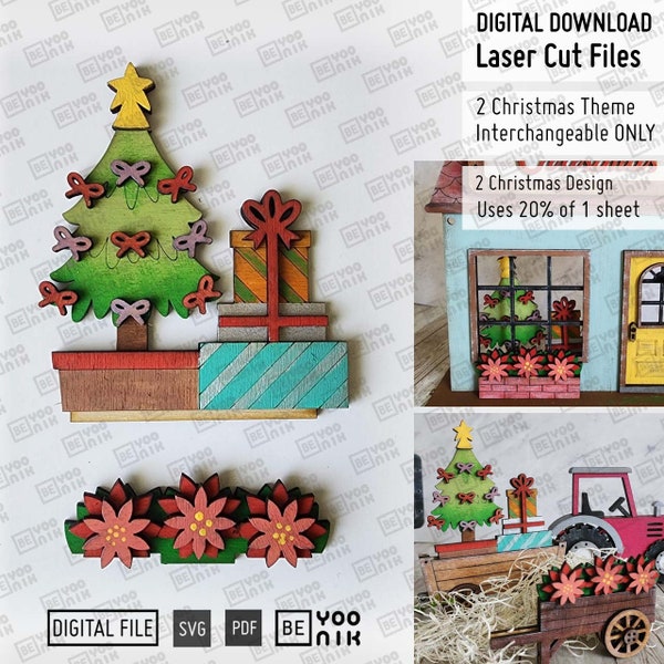 Digital Add on Interchangeable Christmas Tree and Presents Theme 2 set ONLY laser cut files in SVG and PDF for house and Hay wagon carts.