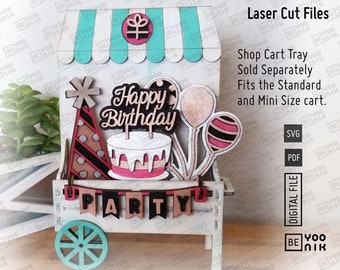 May include: A white wooden birthday party cart with a teal awning, a cake, balloons, and a banner that says "Party". The cart is decorated with a star, a party hat, and the words "Happy Birthday".