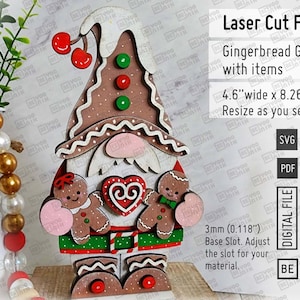 Peperkoekkabouter met jongen en meisje en hart staande plank tafeloppas lasersnijden bestanden in SVG en pdf. Kerstpeperkoekbestanden