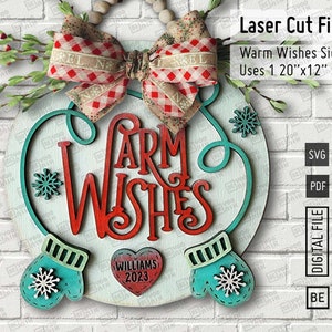 Deurhanger Warme wensen Winter kerst wanten ondertekenen lasersnijden bestanden in SVG en pdf, wanten laserteken, winter laser svg, kerst