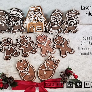 Conjunto de 11 adornos de familia de jengibre en formato SVG y PDF. Archivos láser para adornos familiares, adornos SVG Glowforge, archivo cortado con láser para adornos navideños.