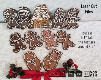 Gingerbread Family Set of 11 Ornaments in SVG, PDF. Family Ornament laser files, Glowforge  Ornaments SVG, Christmas Ornament Laser cut file