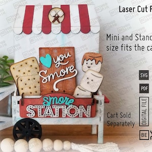 Pliki laserowe Smore Station z tacką warstwową w formatach SVG i PDF, zestaw 5 znaków do ekspozycji wózków, domów lub ciężarówek, plik wycinany Marshmallow