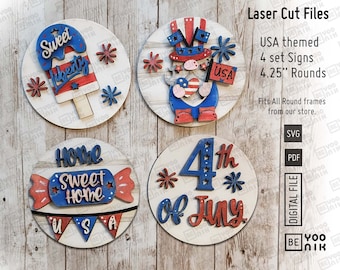 May include: Four 4.25 inch round laser cut wood signs with a patriotic theme. The signs feature the text "Sweet Liberty", "Home Sweet Home", "USA", and "4th of July".