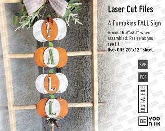 4 Kürbisse Herbst Vertikal Laser geschnittene digitale Dateien in SVG und PDF. Herbst Veranda oder Innenschild Leiter Dekor Sign.