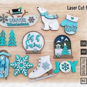 Christmas Tiered tray set 10 mini signs for our shelf tier tray. Winter Wonderland set laser cut files in SVG and PDF. Let it Snow laser