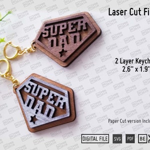 Arquivos de chaveiro Super Dad cortados a laser em SVG e PDF, chaveiro para o Dia dos Pais, Cricut, pronto para Glowforge, download digital, corte a laser para o pai