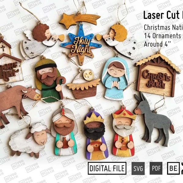 14 Christmas Church Nativity Ornaments Bundle laser cut files in SVG, PDF. Glowforge Ornaments, Christian Nativity Ornament Laser cut file