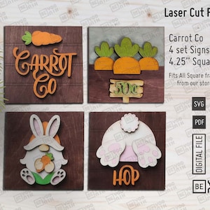 Carrot Co, Bunny Square Inserts Set of 4 - Laser cut files in SVG and PDF. Tiered tray decor, Easter Bunny svg, Gnome Bunny, Carrot Patch